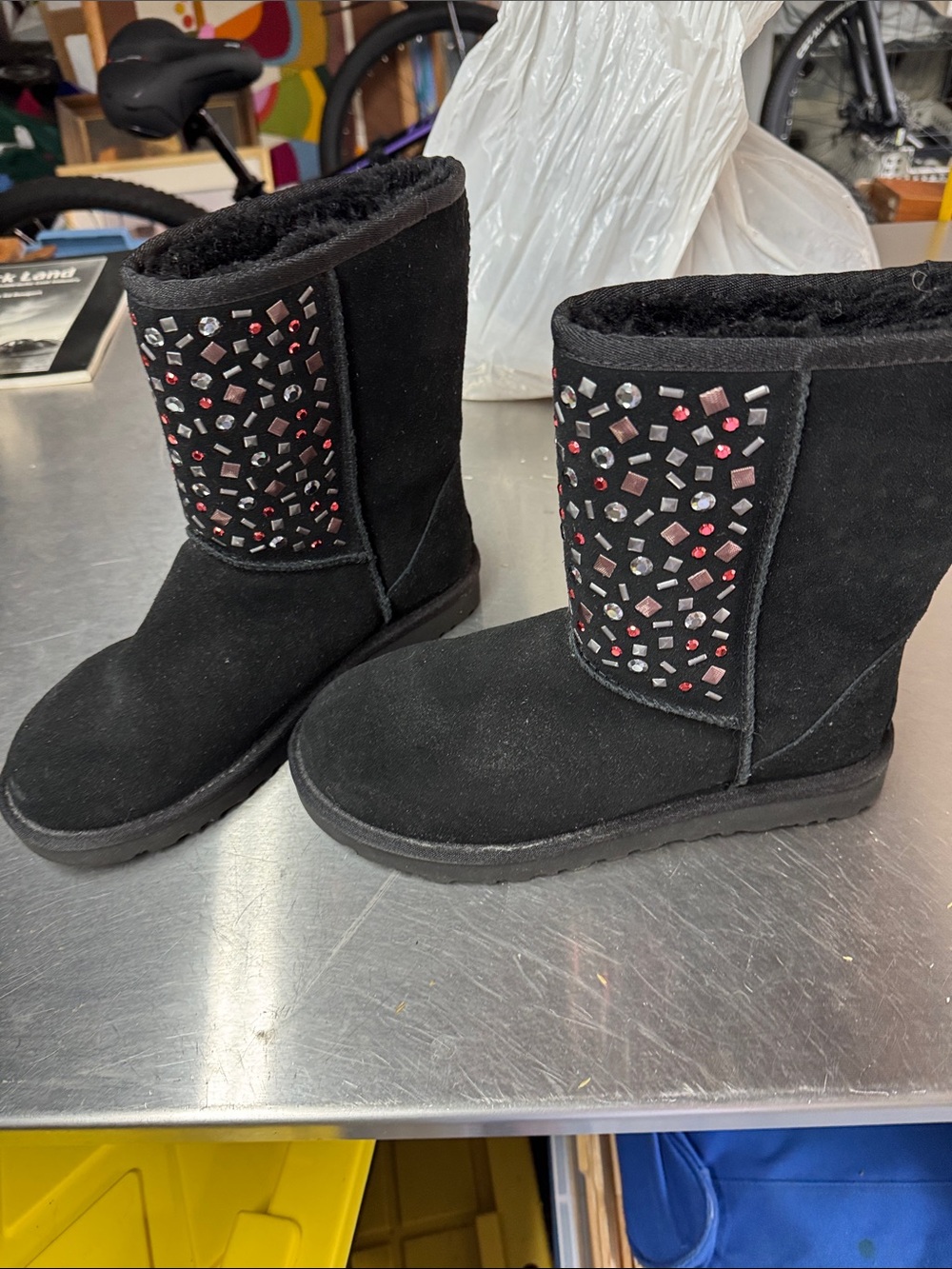 UGG Black Suede-Look Winter Boots with Jewel Stud Accents